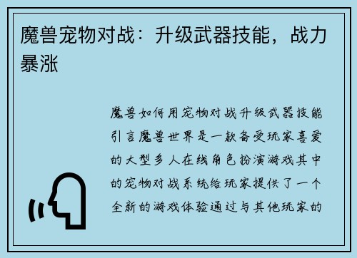 魔兽宠物对战：升级武器技能，战力暴涨